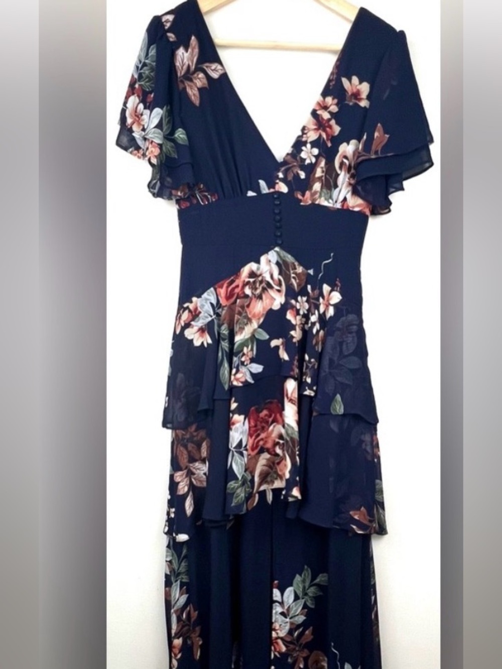 Lulus Midnight Mood Navy Blue Floral Print Tiered Maxi Dress